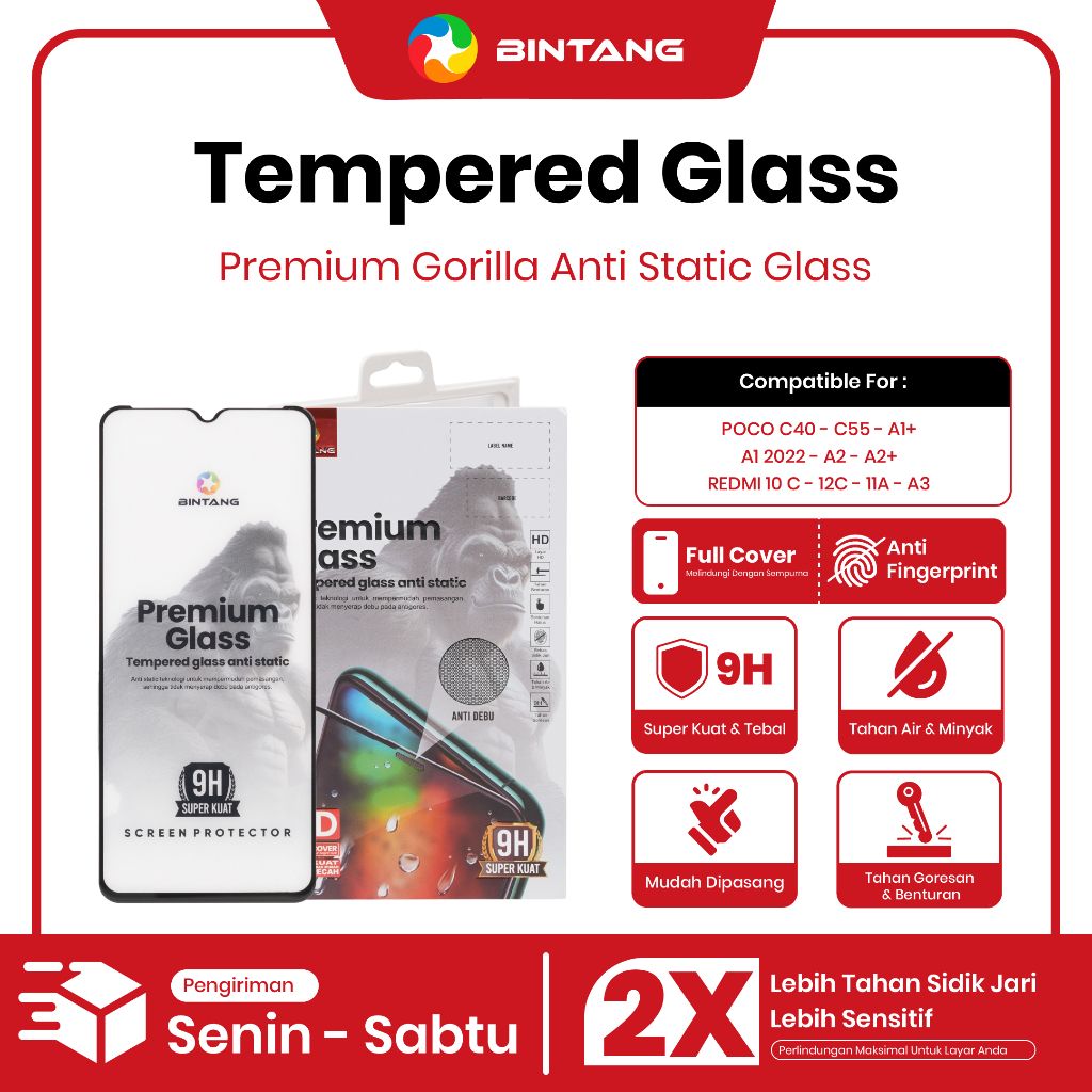 BINTANG PREMIUM Tempered Glass 9H Anti Static Gorilla Screen Protector Fullcover REDMI 10C/12C/11A/A