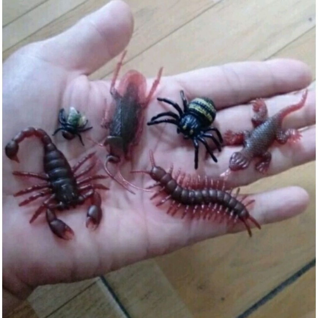 Mainan anak prank binatang karet isi 6pcs kecoa lalat kalajengking kelabang laba laba cicak lucu mur