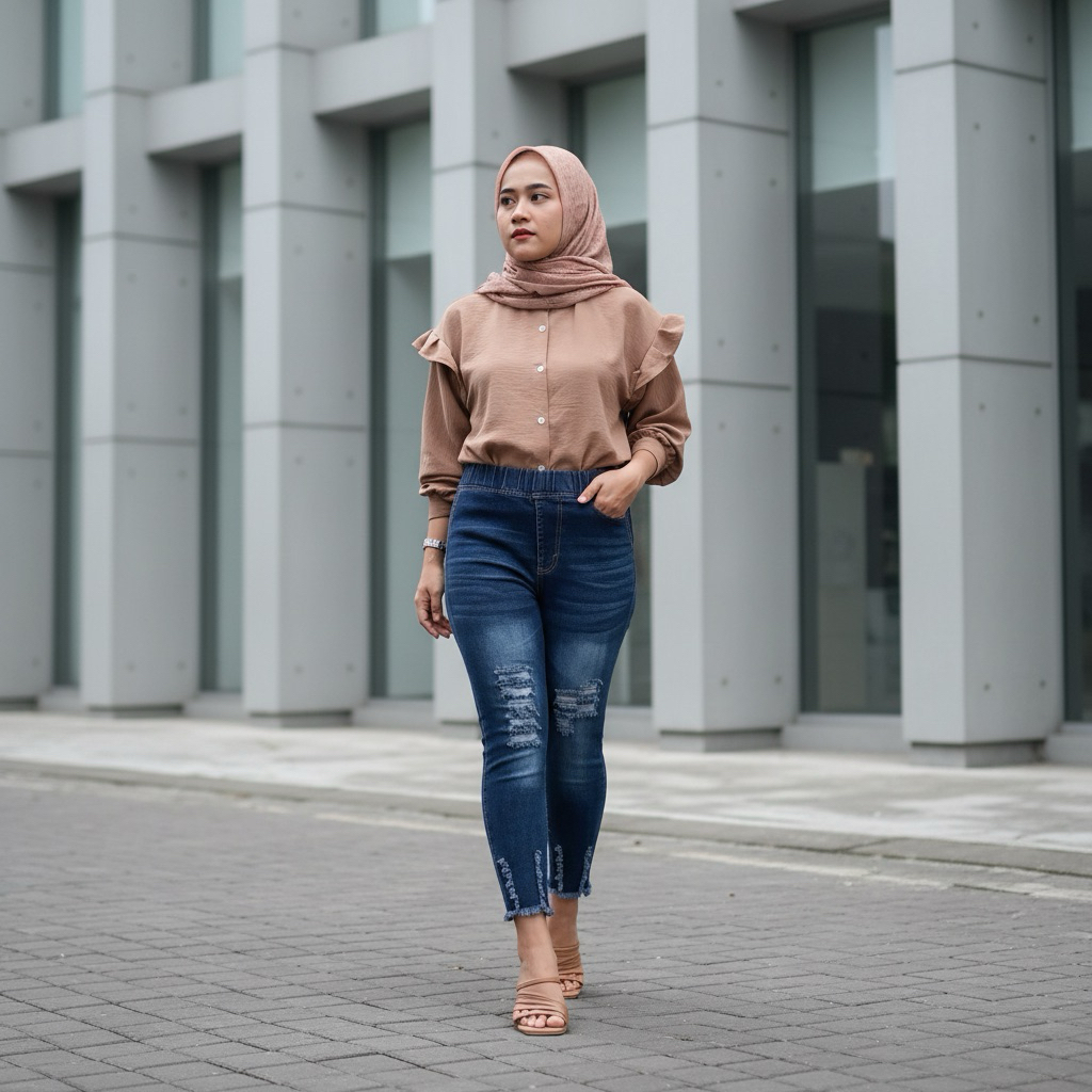 Jeans Wanita 7/9 Sobek Trendy Pinggang Karet Bawah Rawis Cakar Kekinian