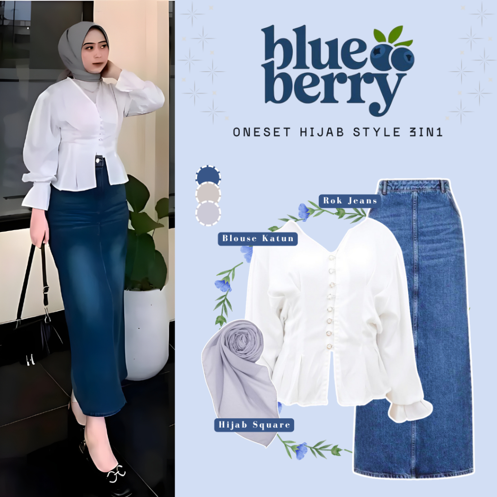 Setelan 3in1 Wanita: Blus, Rok Jeans, dan Hijab Segi Empat untuk Tampilan Muslimah Modis