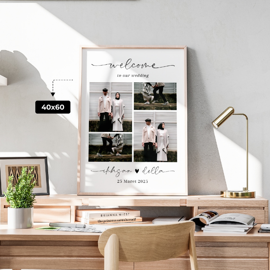 Cetak Foto [TERMURAH] Welcome Wedding Sign Free Custom Foto Prewedding Bingkai Kayu MDF 60x40 BEE04