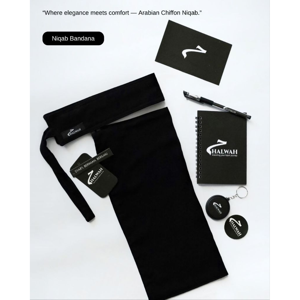 NIQAB MADINAH BY HALWAH | CADAR BANDANA PONI PREMIUM | CADAR BANDANA JETBLACK | NIQOB TALI JETBLACK 