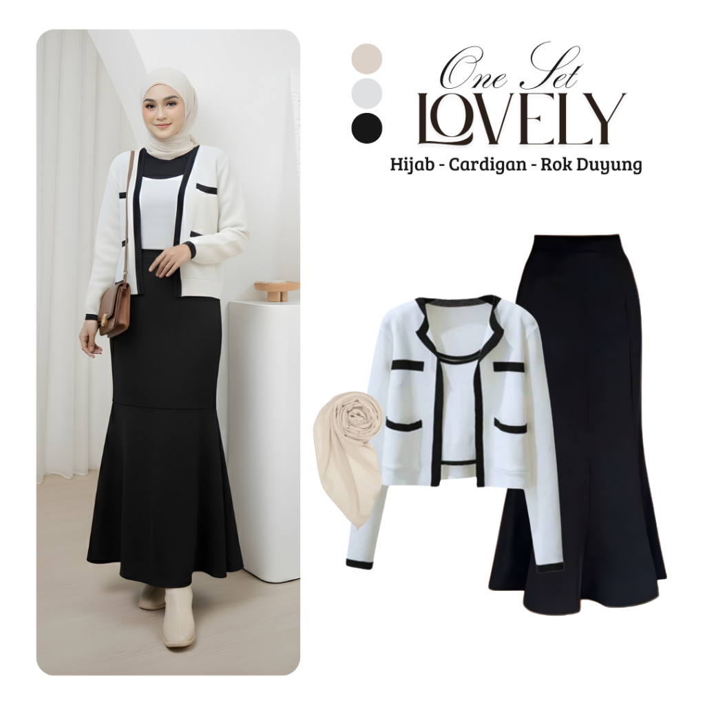 One Set Lovely 3in1 Outfit Korean Look | Set Cardigan Tanktop Rajut Toply  Putih- Rok Duyung Scuba H