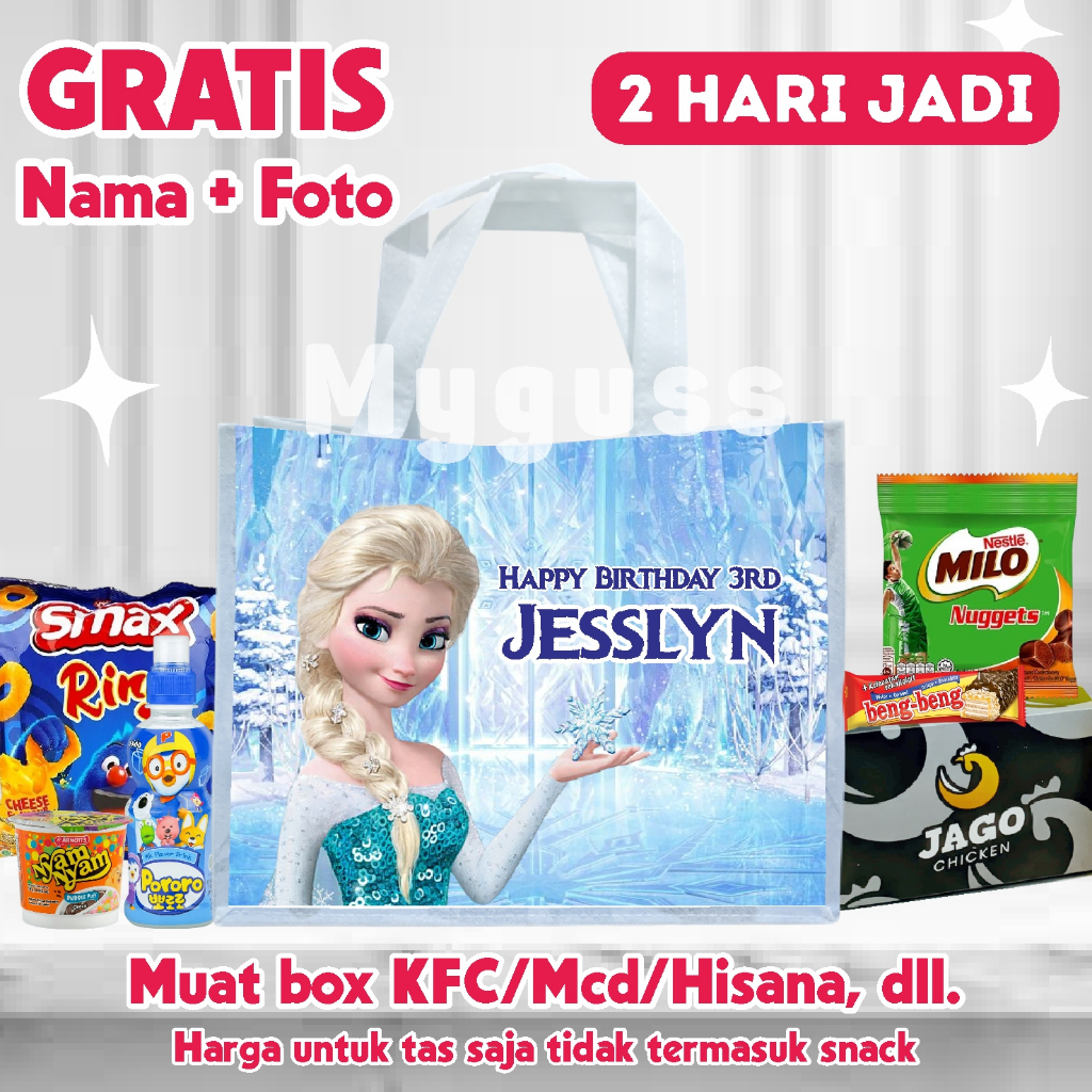 Tas Ultah Anak Free Nama Umur Foto||Goodie Bag Spunbond||Tas Custom Ulang Tahun Anak Tema Frozen