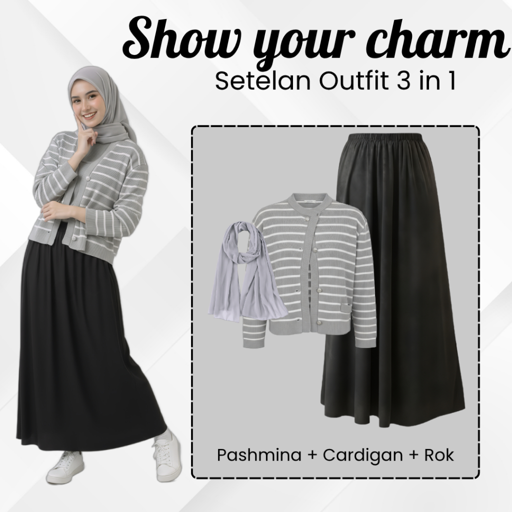 Setelan Remaja Perempuan ( Cardigan Korean Style, Rok Mayung, Pashmina) one set ootd hijab