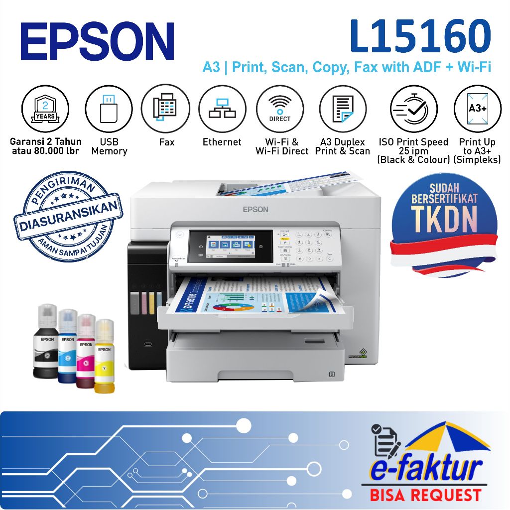 MALLIT EPSON Printer Epson L15160 L-15160 L 15160 A3 Duplex Pigment All in One Resmi Medan