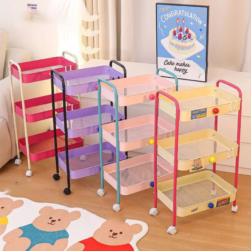 Rak trolly 3 tingkat warna/Trolly estetik/keranjang 3 tingkat/keranjang 3 tingkat warna