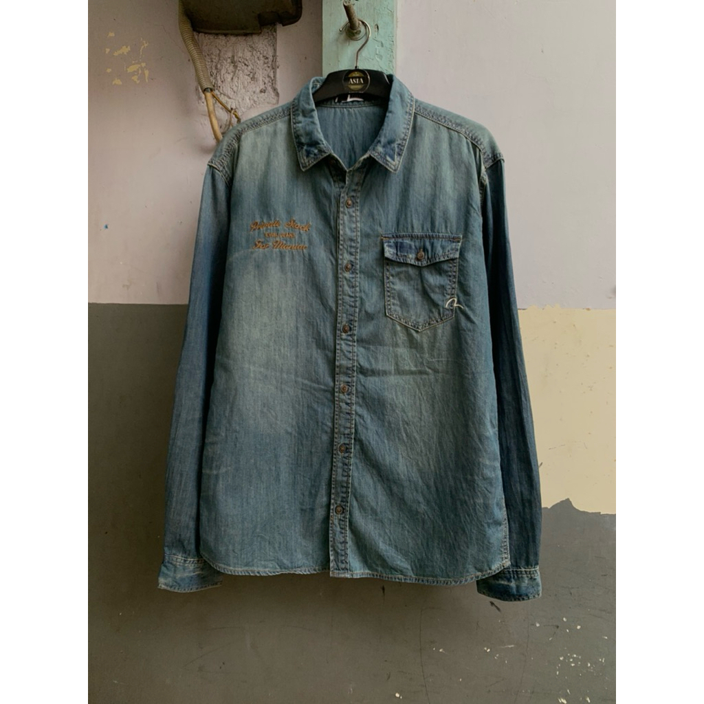 kemeja pria Evisu denim lengan panjang preloved