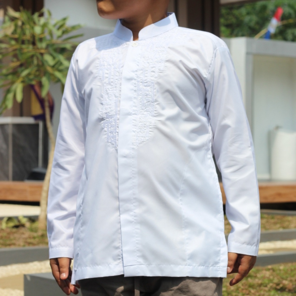 Abdillah - Koko putih anak laki-laki bordir senada lengan panjang (grosir)