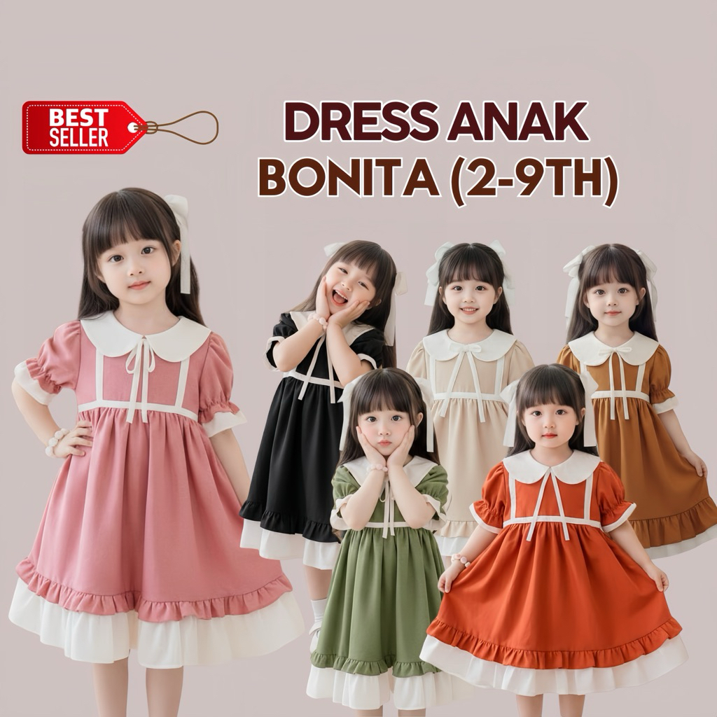 DRESS ANAK KOREAN STYLE BONITA KEKINIAN LINEN PREMIUM CANTIK MEWAH