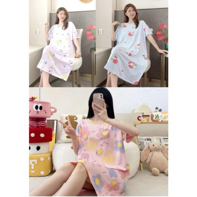 Daster Baju Tidur Wanita Dewasa Panjang Bahan Kaos Motif Cantik Kekinian Lucu