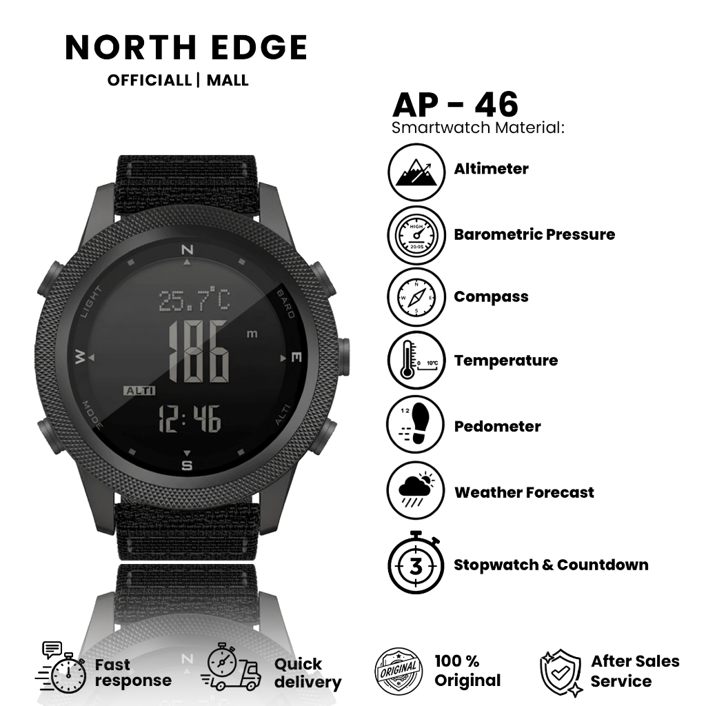 NORTH EDGE APACHE-46 JAM TANGAN OUTDOOR PEDOMETER BAROMETER ALTIMETER TEMPERATURE COMPASS