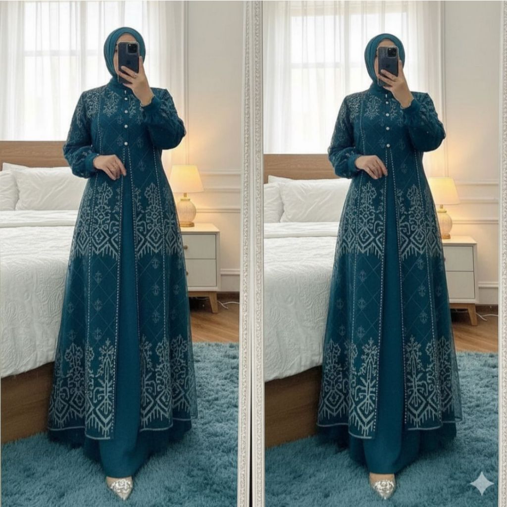 Gamis Brokat Terbaru Bahan Ceruty Baby Doll Mix Swarosky Mevina Dress Wanita Muslim Mewah Elegant