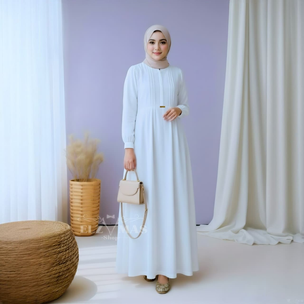 Gamis Wanita Putih Polos Lebaran 2025 Model Terbaru Thalia Dress Mewah Elegan