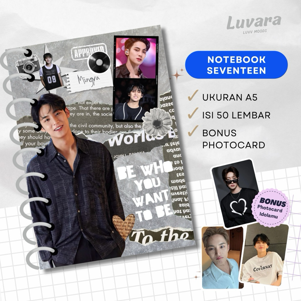 Notebook Seventeen Ukuran A5 Bonus Photocard Kpop Idolamu - Buku Isi 50 Lembar Kertas Hvs Plain