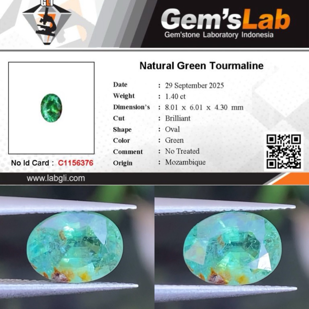 1,40 cts Natural Green Tourmaline origin Mozambique No Treatment Memo GLI