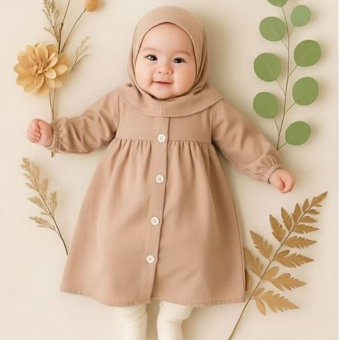Gamis Kerudung Bayi Perempuan Newborn 0-18 Bulan Setelan Baju Anak Bayi Perempuan Gratis Kerudung