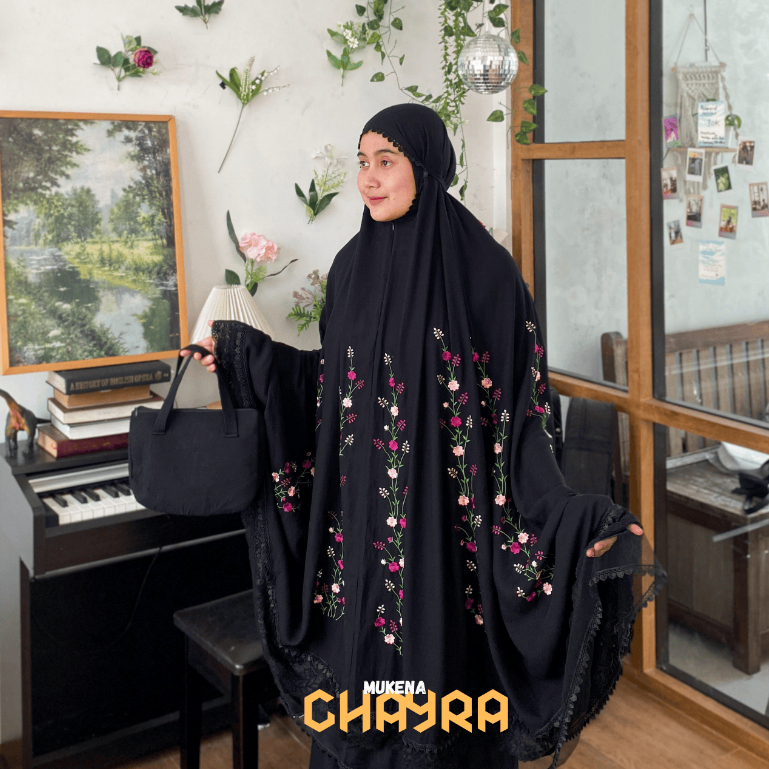 CHAYRA - Mukena Rayon Bordir Bunga Premium Renda – Set Mukena Hitam Elegan Instan