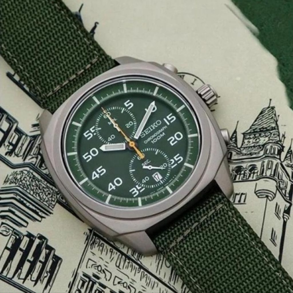 Jam tangan Seiko Vintage SNN219P1 green dial canvas strap