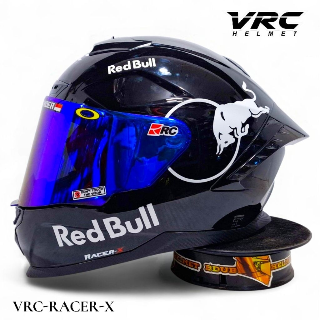 Helm full face Vrc Black glos stiker Redbull paket ganteng spoiler 3D