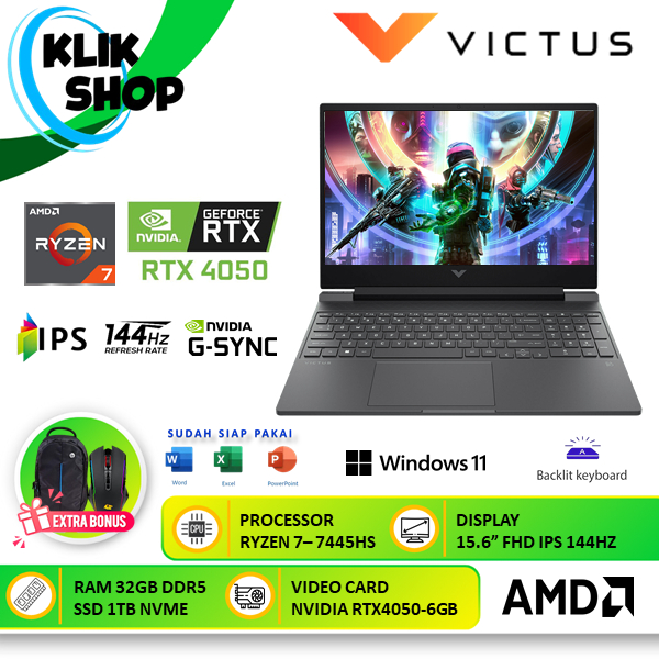 Laptop Gaming HP Victus 15 Ryzen 7 7445HS RTX 4050 32GB 1TB SSD FHD 144Hz Mica Silver
