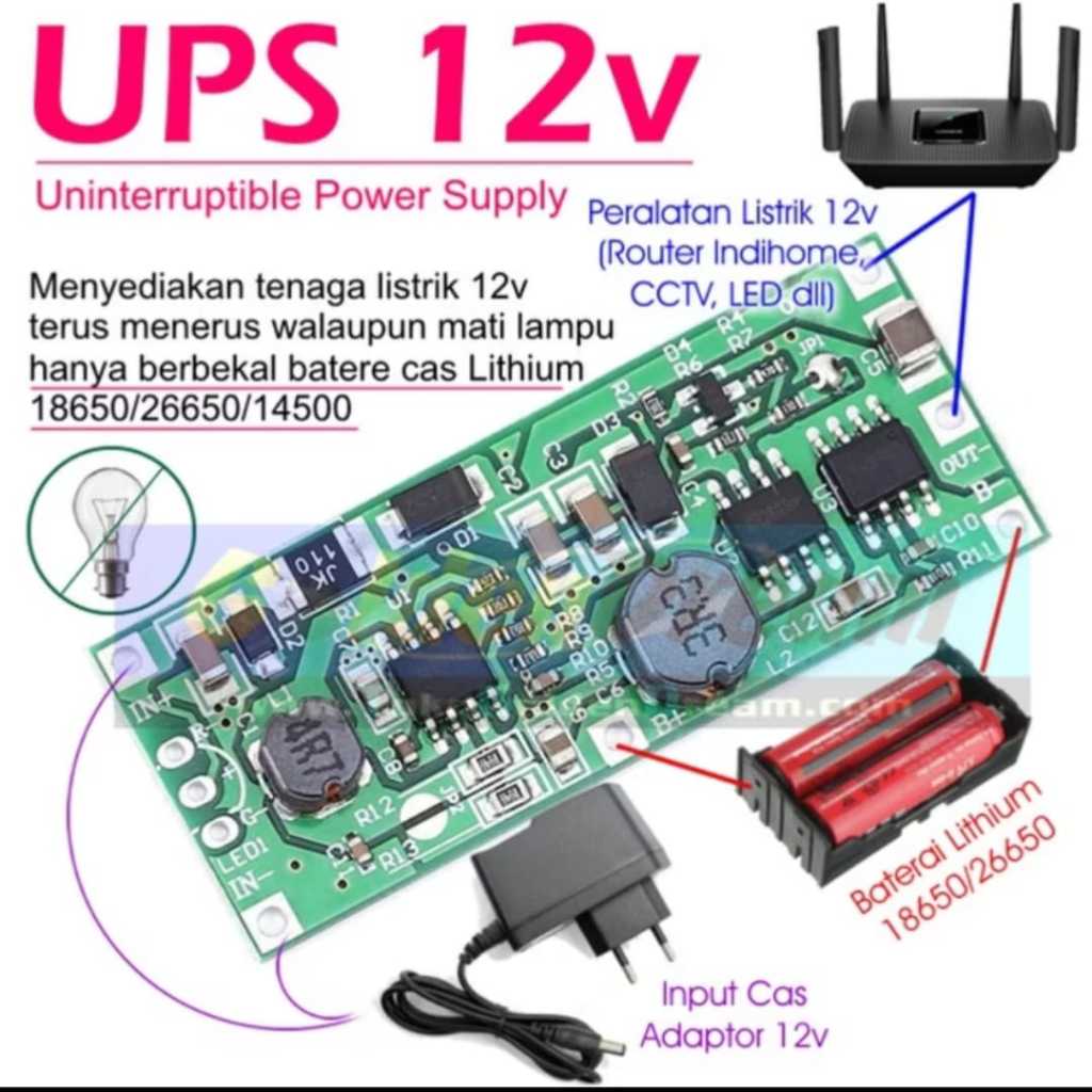Modul Mini UPS 12v Baterai 18650 Lithium Pengaman Anti Mati Lampu