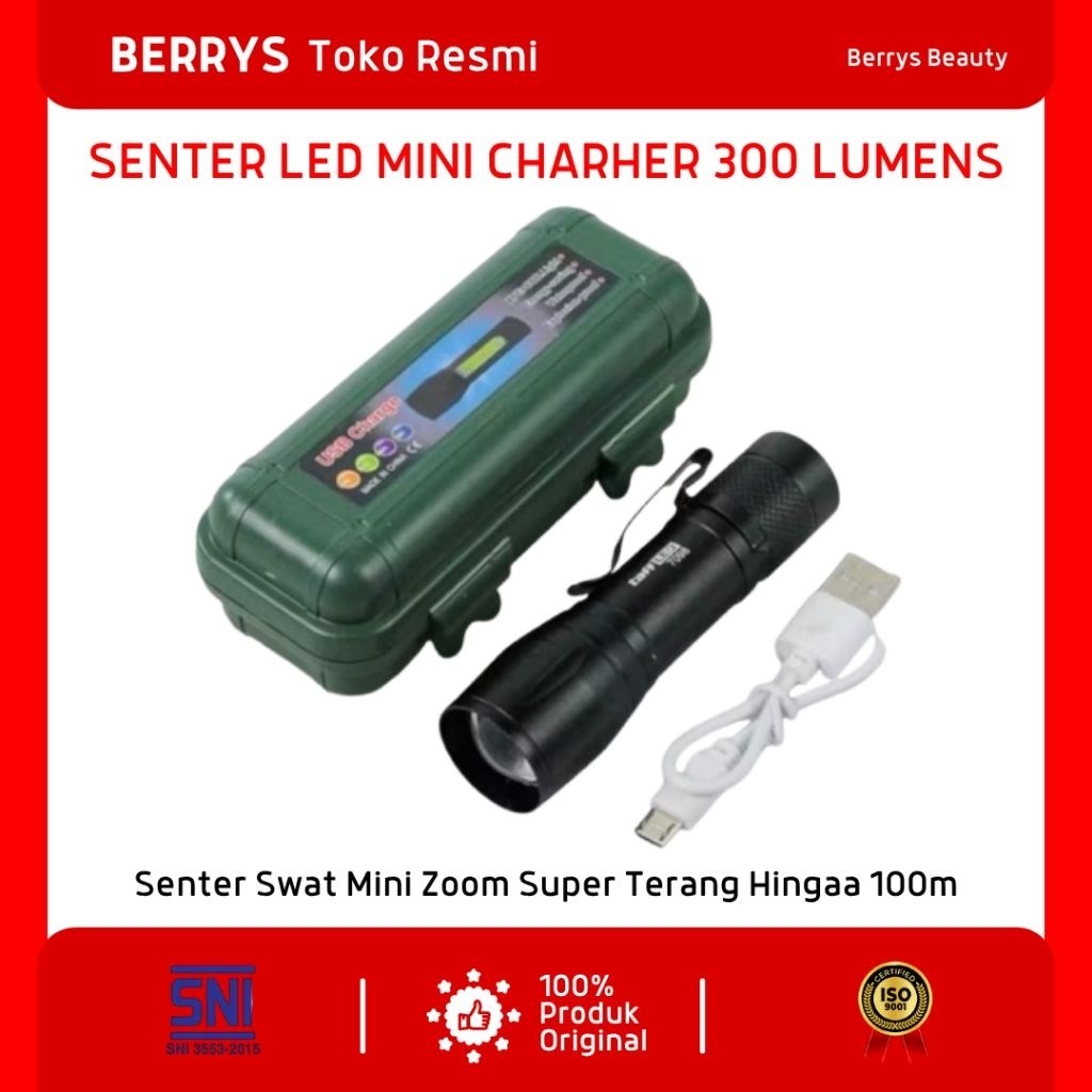 BERRYS BEAUTY BBX Senter Lampu LED Mini charger 300 Lumens -100%ORl Senter LED mini/kecil Zoom super