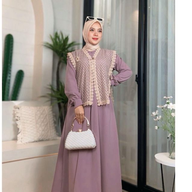 Murah Kinan Set Dress,Gamis Wanita Outer Brokat,Dress Pesta Kondangan Muslimah Model Rompi Brokat