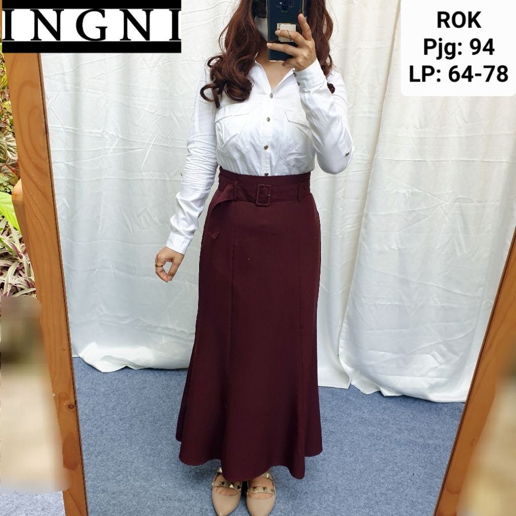 INGNI Burgundy Maxi Skirt Belt Rok Wanita