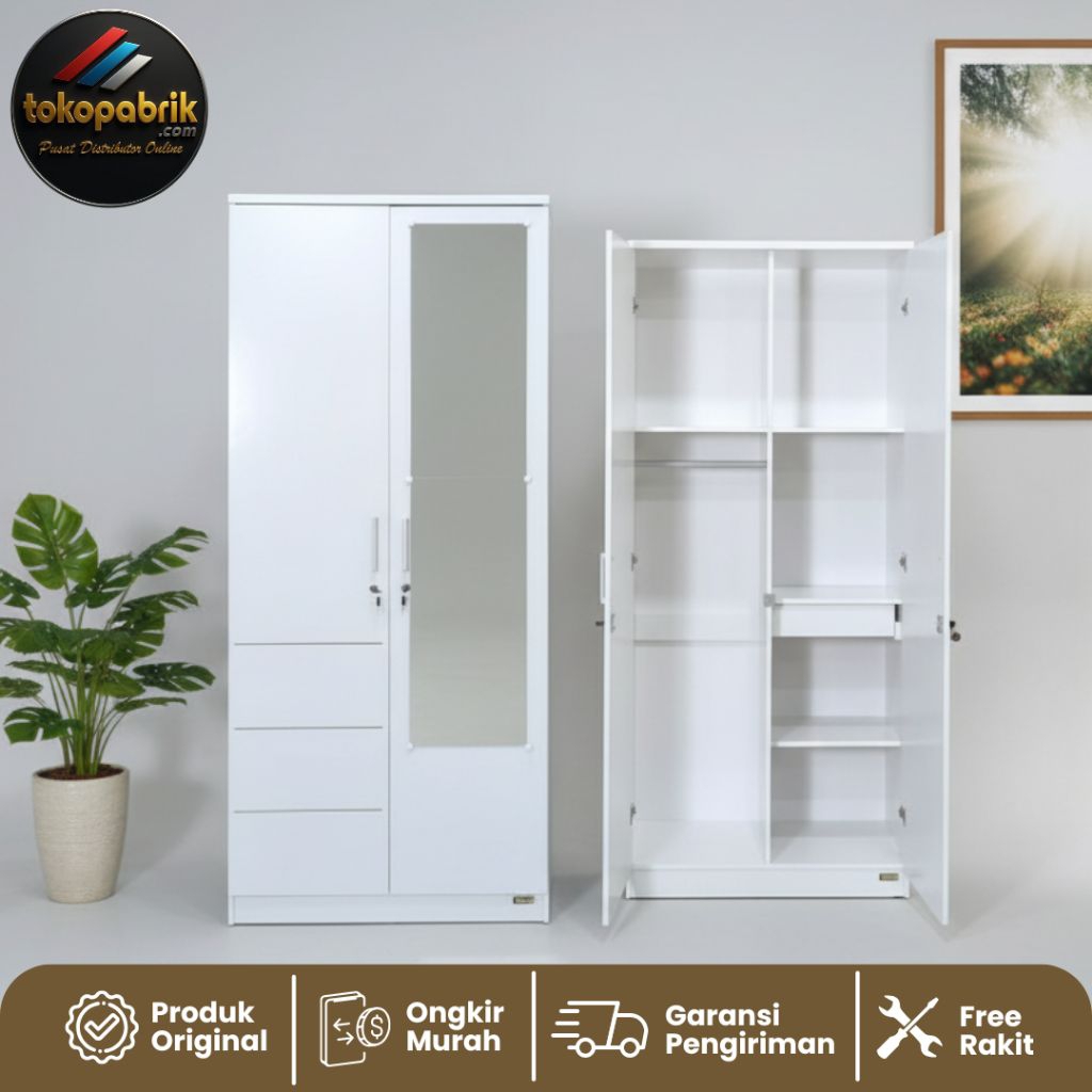 Lemari Baju Putih Full Kaca 2 Pintu / Lemari Pakaian 2 Pintu Gantungan Murah Bandung Jakarta Bogor