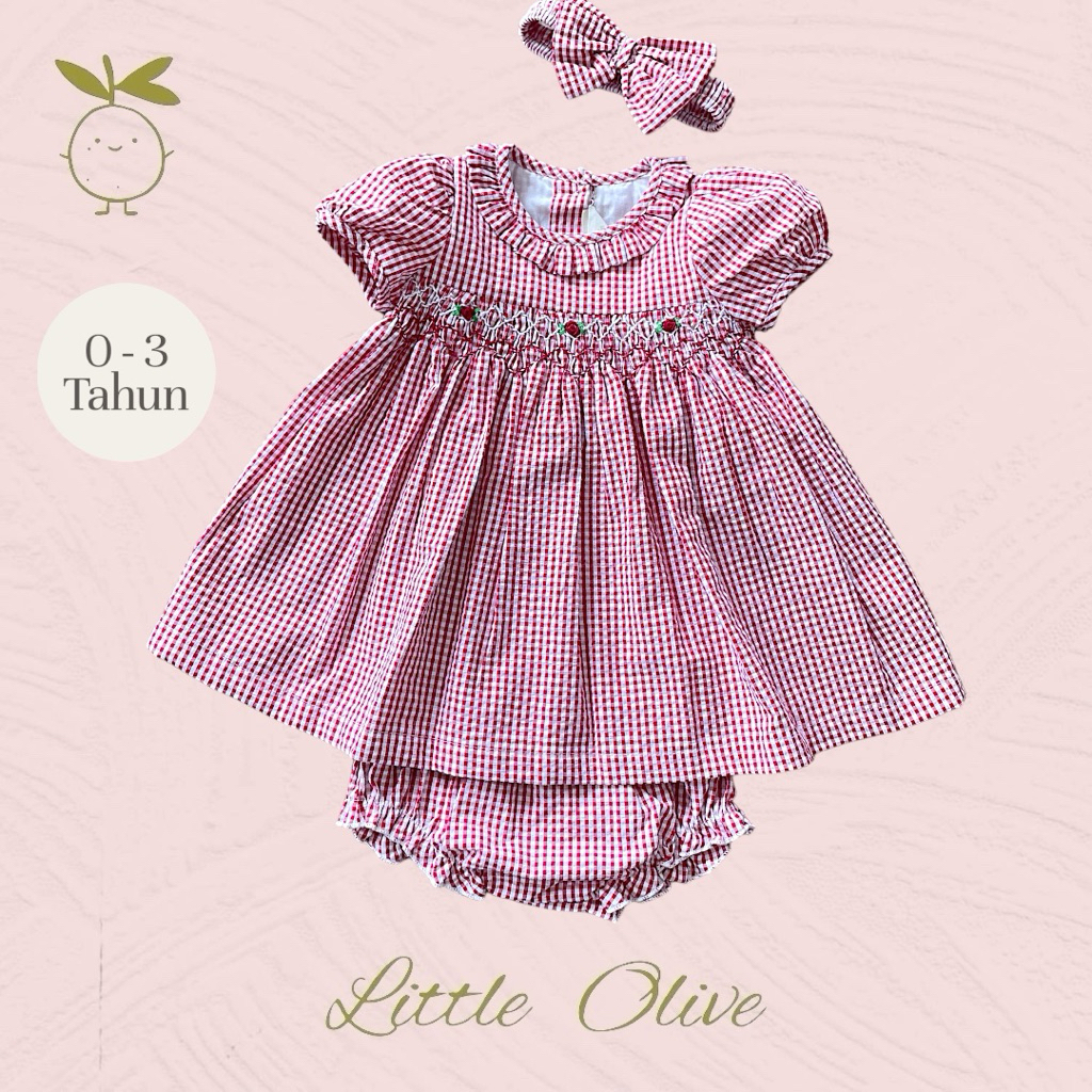 Little Olive- Ruby Dress | 0-3 Tahun | Dress Anak Newborn | Smocked Dress | Motif Bunga Premium
