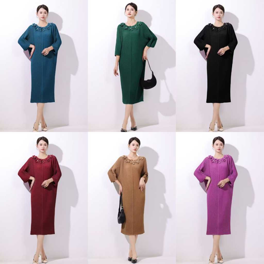 KODE 51 Dress Plisket Premium Leher Ruffle Bunga 3/4 Lengan Panjang Elegan