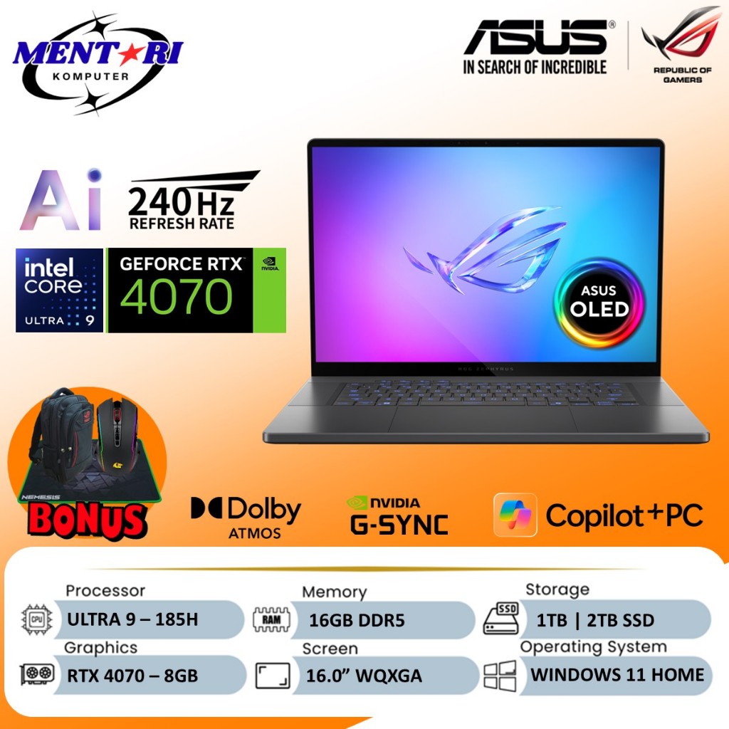 ASUS ROG Zephyrus G16 GU605MI OLED - Intel Ultra 9-185H - RTX4070-8GB - 16GB/2TB SSD - 240Hz RGB