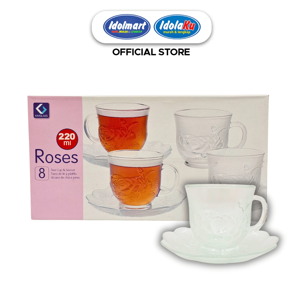 IDOLMART Gelas Set KimGlass Roses 220ml Isi 8 Cangkir & Tatakan Kaca Elegan untuk Kopi /Teh