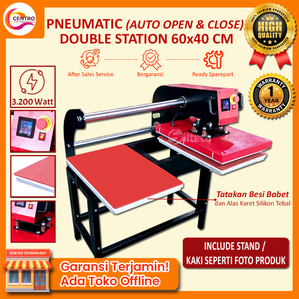 Mesin Press Sablon Kaos Pneumatic Double Side/Station 60x40 CM | Mesin Press Auto Open & Close (Buka