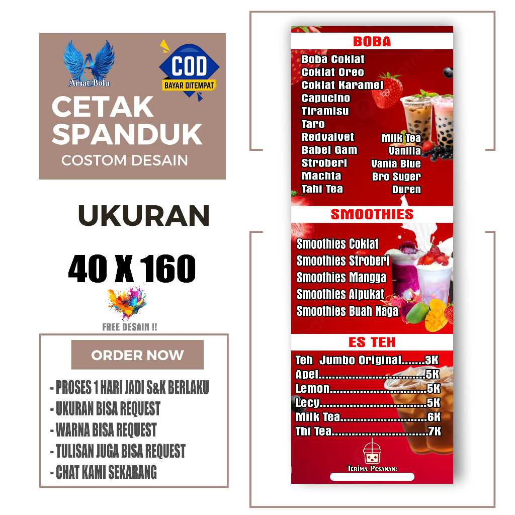 Cetak Spanduk Cetak Banner DAFTAR MENU BOBA SMOOTHIES & ES TEH Costom Desain