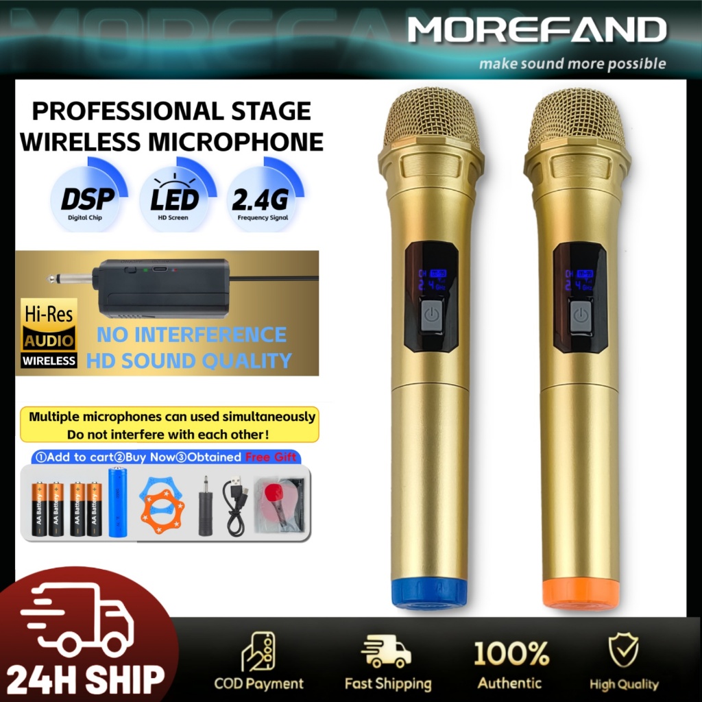 Paket 2 Mikrofon Nirkabel MOREFAND 2.4G Warna Emas, Suara Jernih Anti Kebisingan dengan Chip DSP, Ba