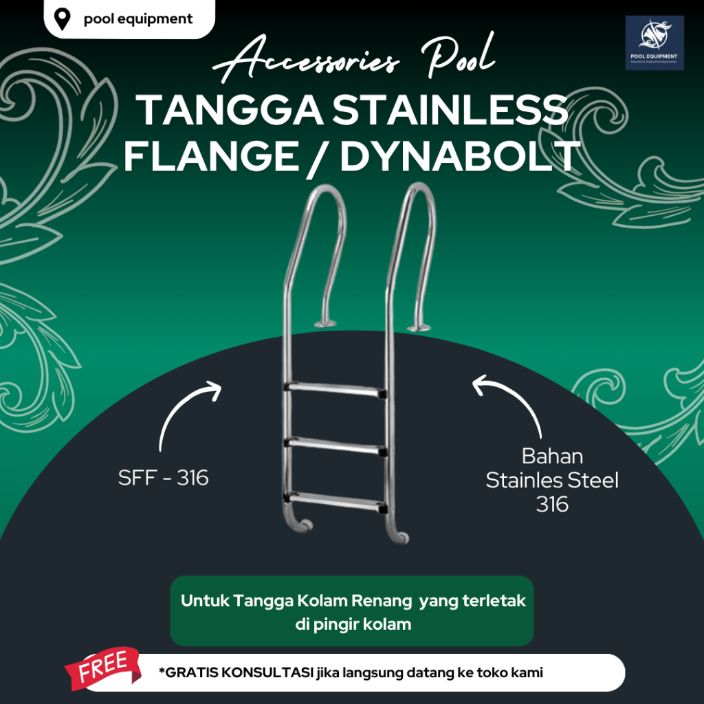 Tangga Kolam Renang Stainless Steel Flange / Dynabolt [ SS - 316 / SFF - 316 ] ( 3 step lengkung )