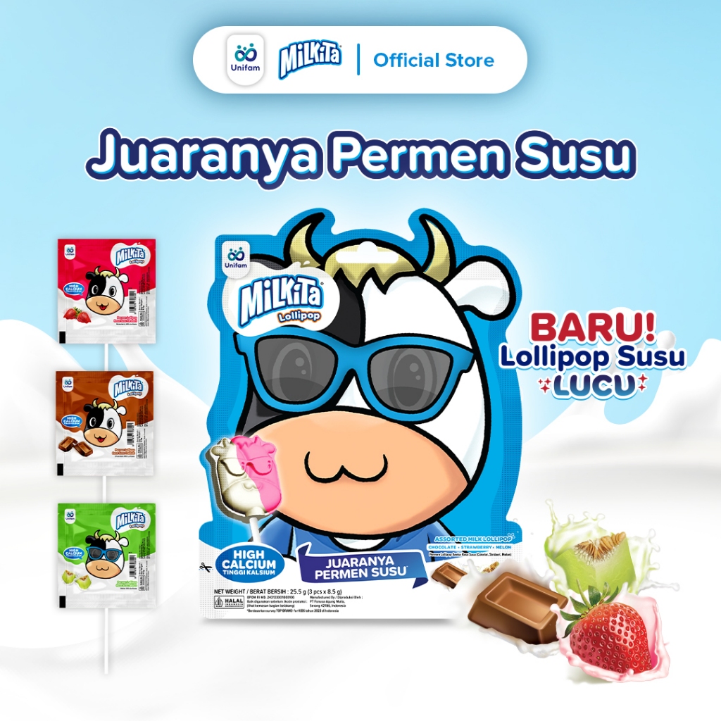 Milkita Milki Permen Lolipop Susu Lucu - Ekspresi Random 1 Pack (Isi 3 Pcs) Coklat, Strawberry, Melo