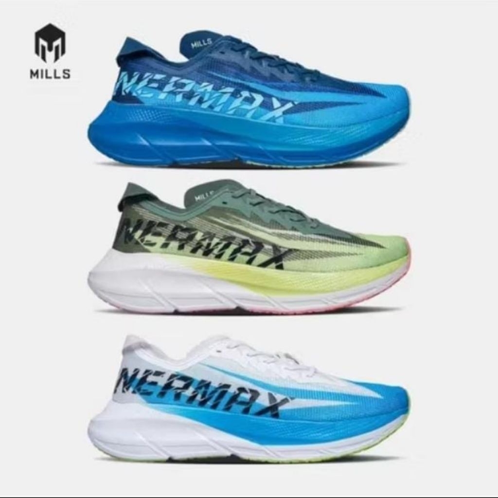 Mills –Enermax Cusnion M3- Olive Lime Green , white blue- Sepatu lari /Running /Trail Run / Basket /