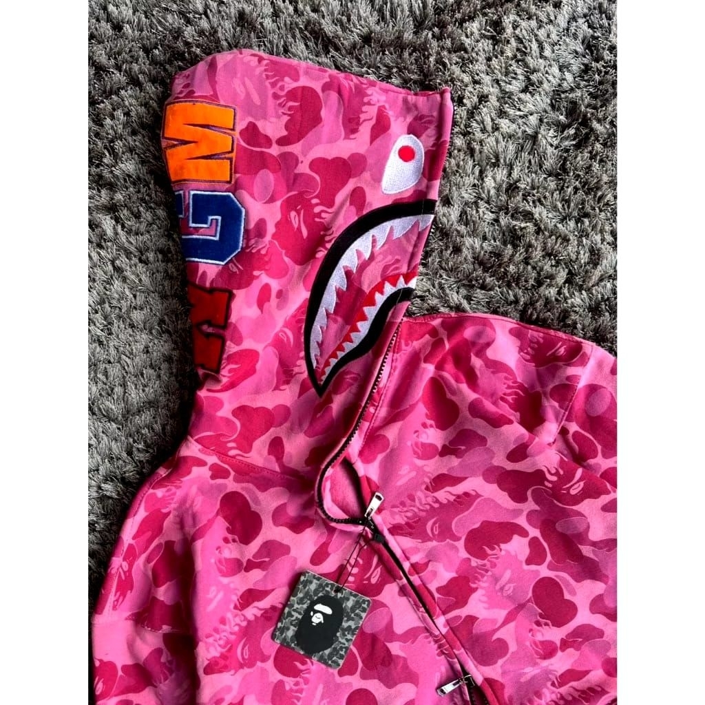 Hoodie Shark BAPE Pink Camo Full Zip – Streetwear Unisex Premium Tebal