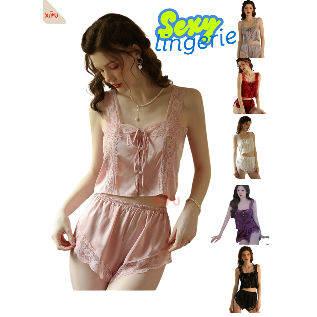 XIPU Lingerie Satin Silk Baju Tidur Wanita Dewasa Setelan Lingerie Sleepwear satin set Sexy Hot FLG0