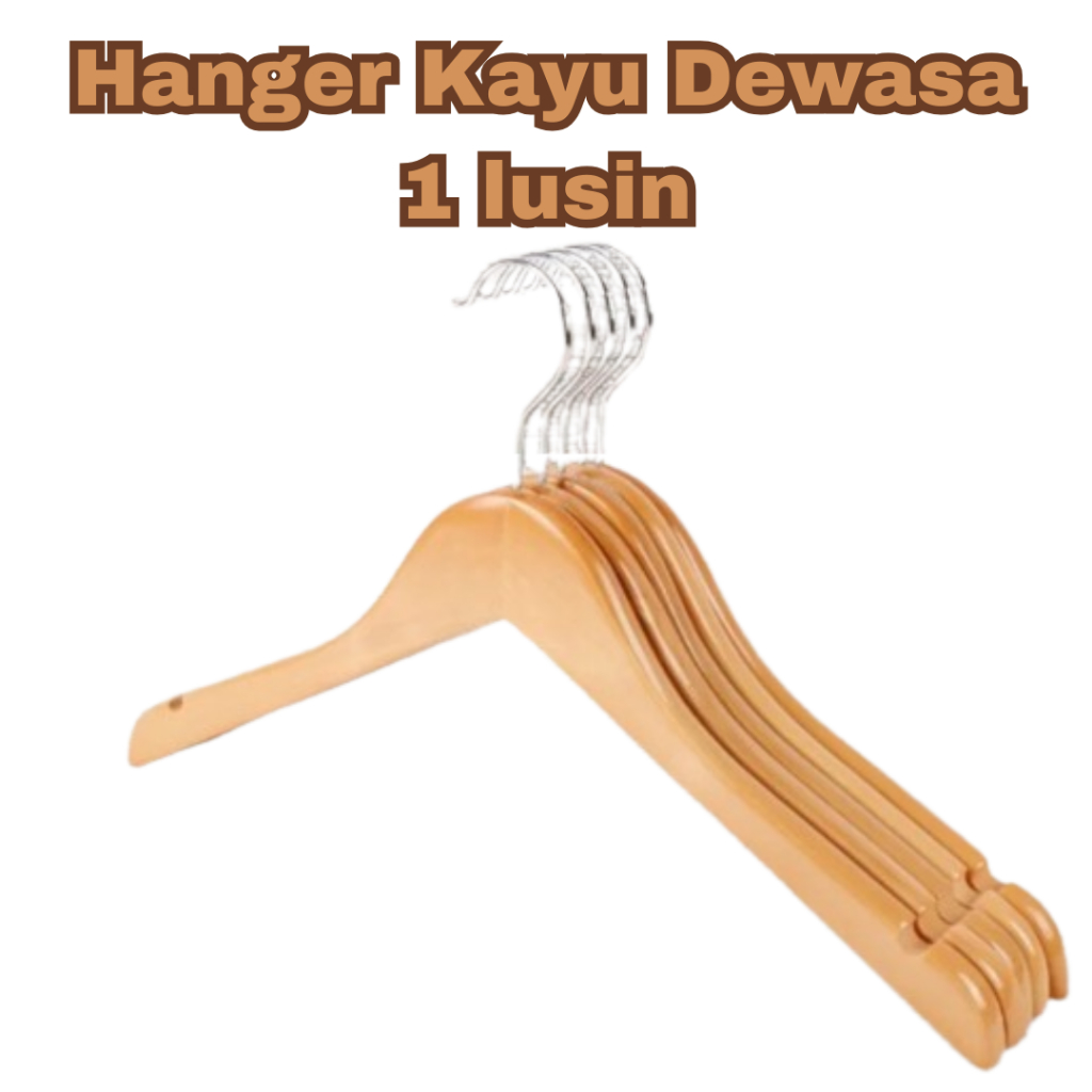 [1 LUSIN] Hanger Kayu Dewasa / Hanger Kayu Tanpa Palang Warna Natural