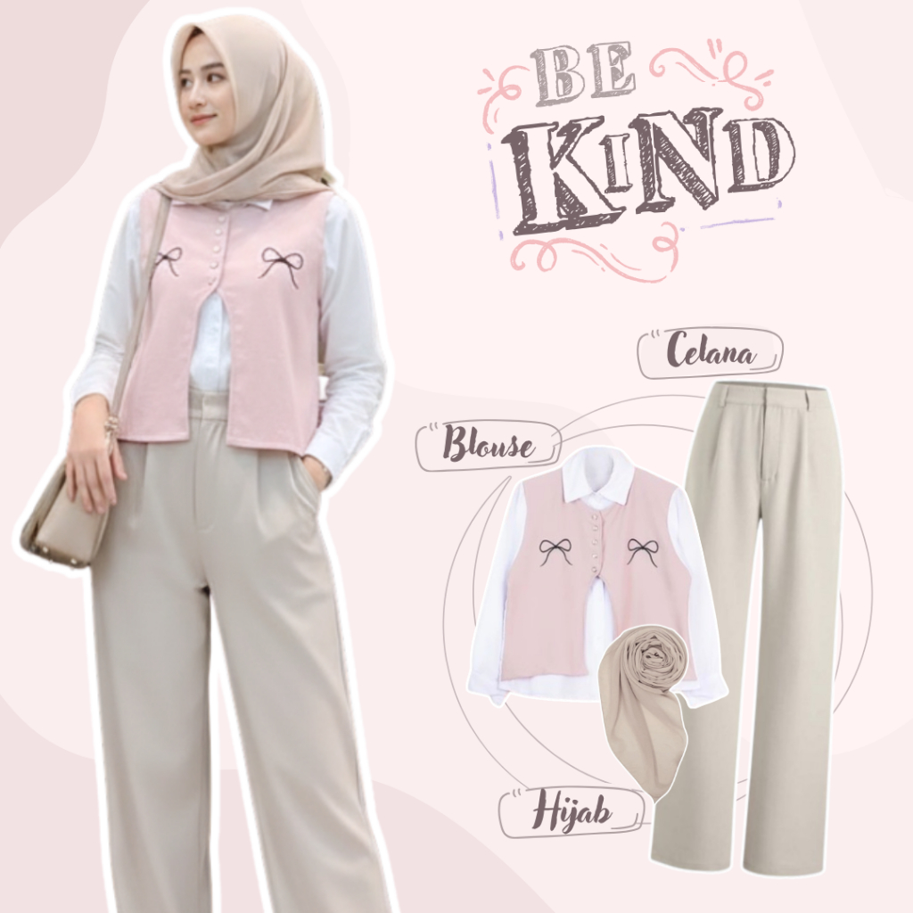One Set Korean Style Wanita Kekinian (Blouse Korean Style + Celana Kulot Wanita + Hijab Segi Empat) 