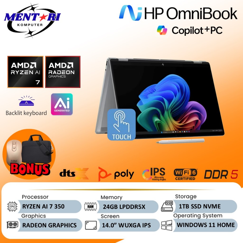Laptop HP OMNIBOOK X FLIP 14 RYZEN AI 7 350 24GB 1TB SSD Touchscreen Win11 Silver