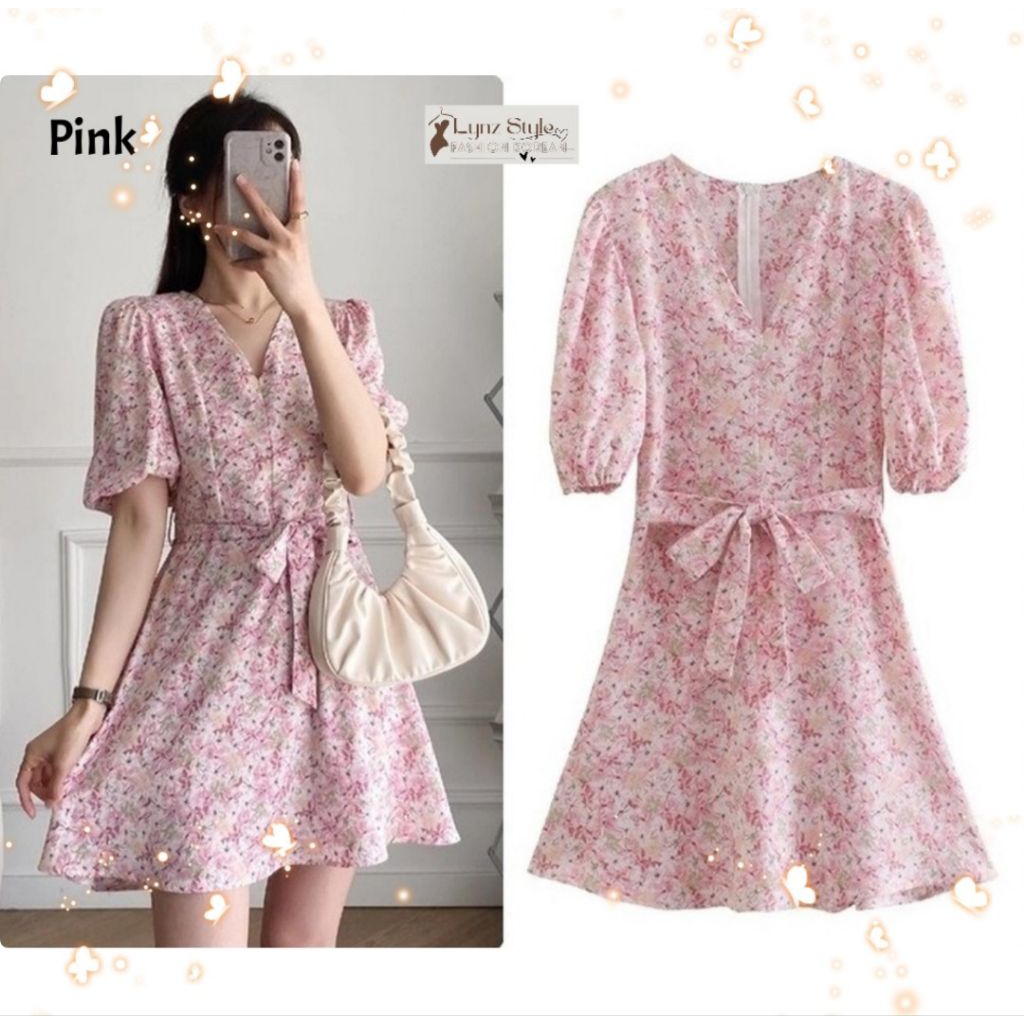 Dress Mini Wanita Gaun Pesta Bunga Belt Pita Pink Korea Import