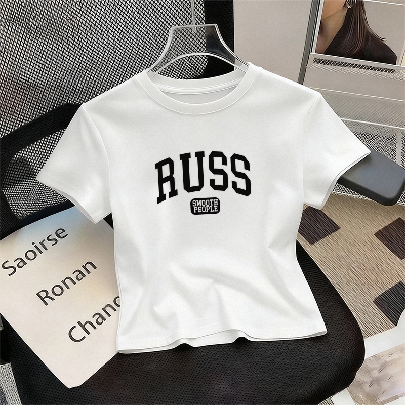 Lovful - Kaos basic wanita | Kaos ketat putih | Sablon Letters “RUSS” | Kaos katun 100% | Baju crop 