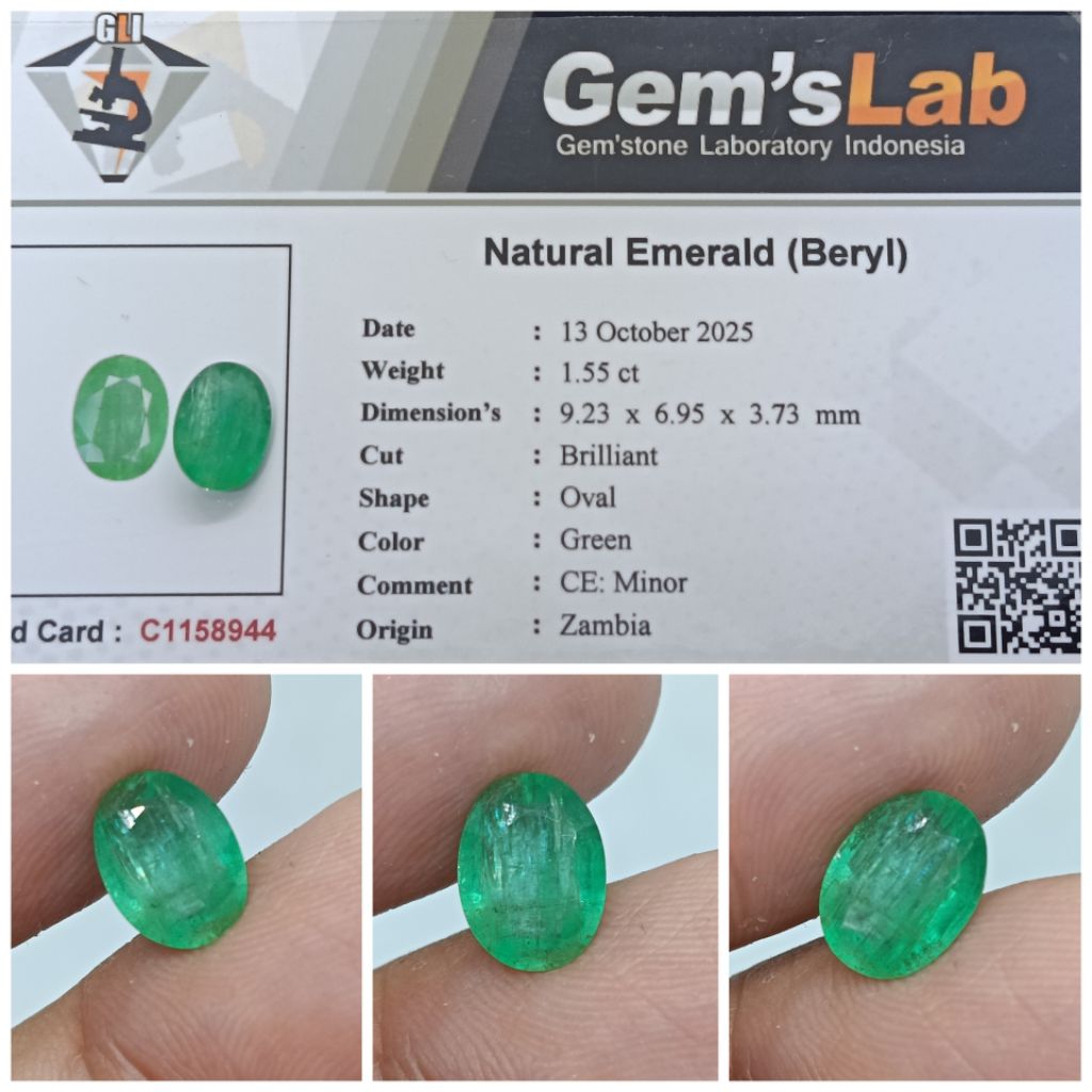 Natural Emerald Beryl octagon 1 ct Minor memo GLI Zamrud Zambia Warna Bagus