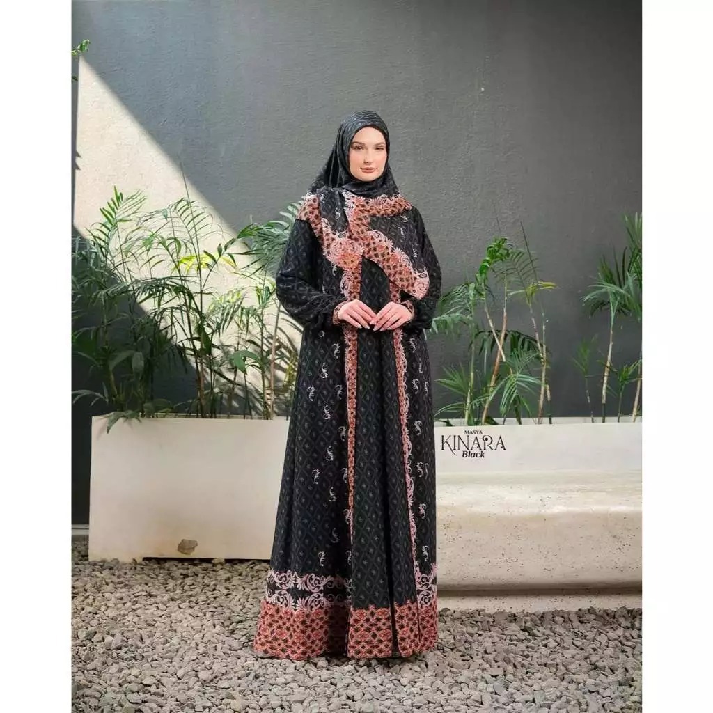 Set Gamis Dress Ceruty Babydoll Printing Premium Syari Branded Mewah Masya Syari Original Terbaru Ki