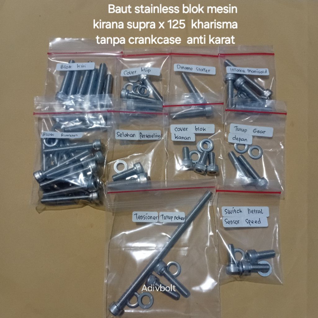 BAUT BLOK MESIN KIRANA SUPRA X 125 KHARISMA TANPA CRANKCASE FULL STAINLESS